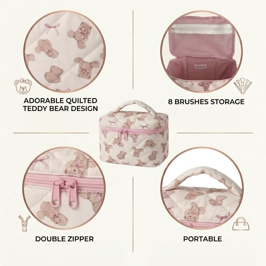 Teddy Bow Quilted Makeup Bag with Handle, Cute Cotton Bear Toiletry Organizer for Women, Coquette Aesthetic Cosmetic Case, Pink Bow Travel Organizer Pouch, Gift for Women Teen Girls image 4
