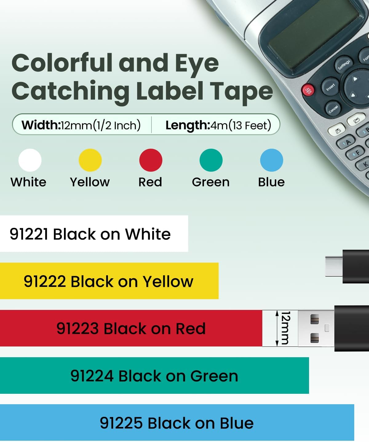 Compatible with Dymo Label Maker Refills Tape, 12 mm x 4 m (1/2" x 13'), Compatible with Dymo Letratag Refills Plastic Tape for 200B LT-100H 100T Plus, 5-Pack, Black on White/Yellow/Red/Blue/Green - Image 3
