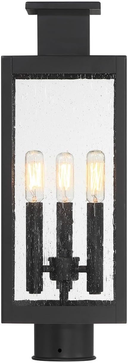 Savoy House 5-828-BK Ascott Mission Clear Seeded Glass Outdoor Post Lantern, 3-Light 180 Total Watts, 19" H x 7" W, Matte Black