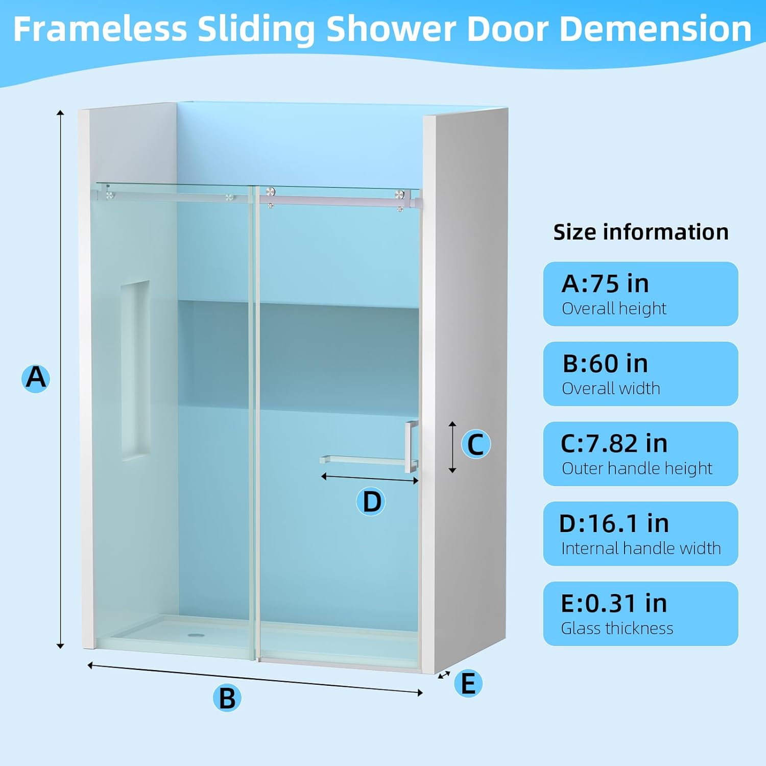 Frameless Glass Shower Door 56-60" W × 75" H, Sliding Glass Shower Door with 5/16" (8mm) Clear Sgcc Tempered Glass, Noiseless Frameless Shower Door with Stainless Steel Handle and Seal Strip Sliver