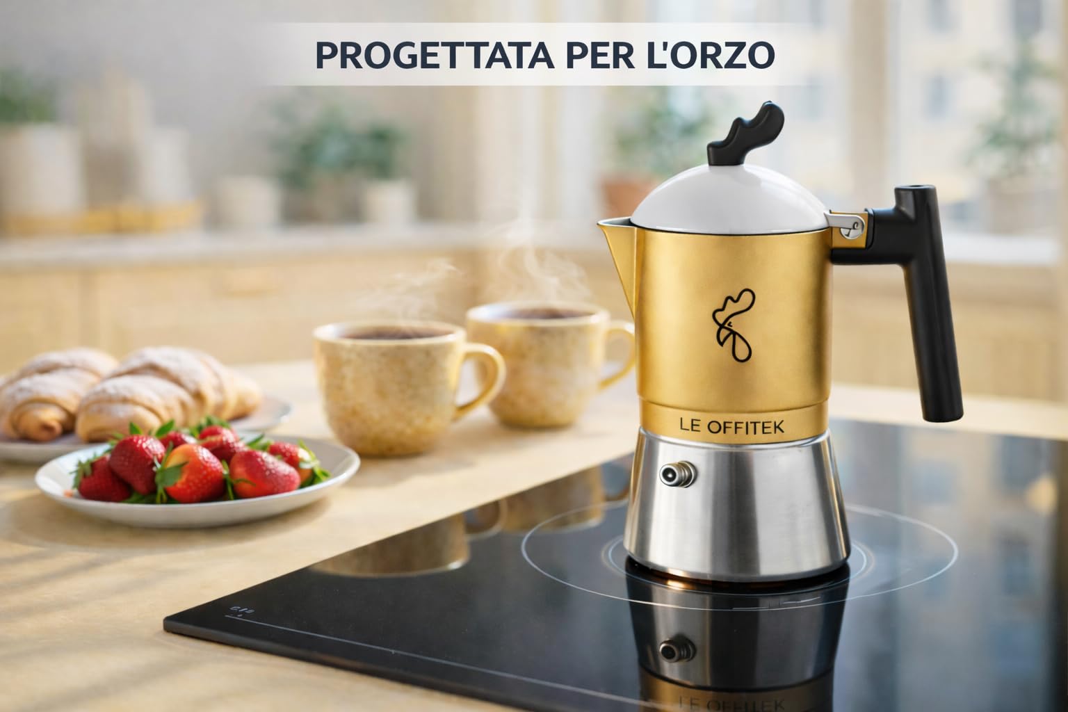 Orziera ORZÈTEK Induzione 4 Tazze Le Offitek, Specifica per Orzo, con Filtro Microforato in Acciaio Stirato e Valvola Anticalcare, Caldaia Bimetallica Acciaio-Alluminio, per Tutti i Piani Cottura