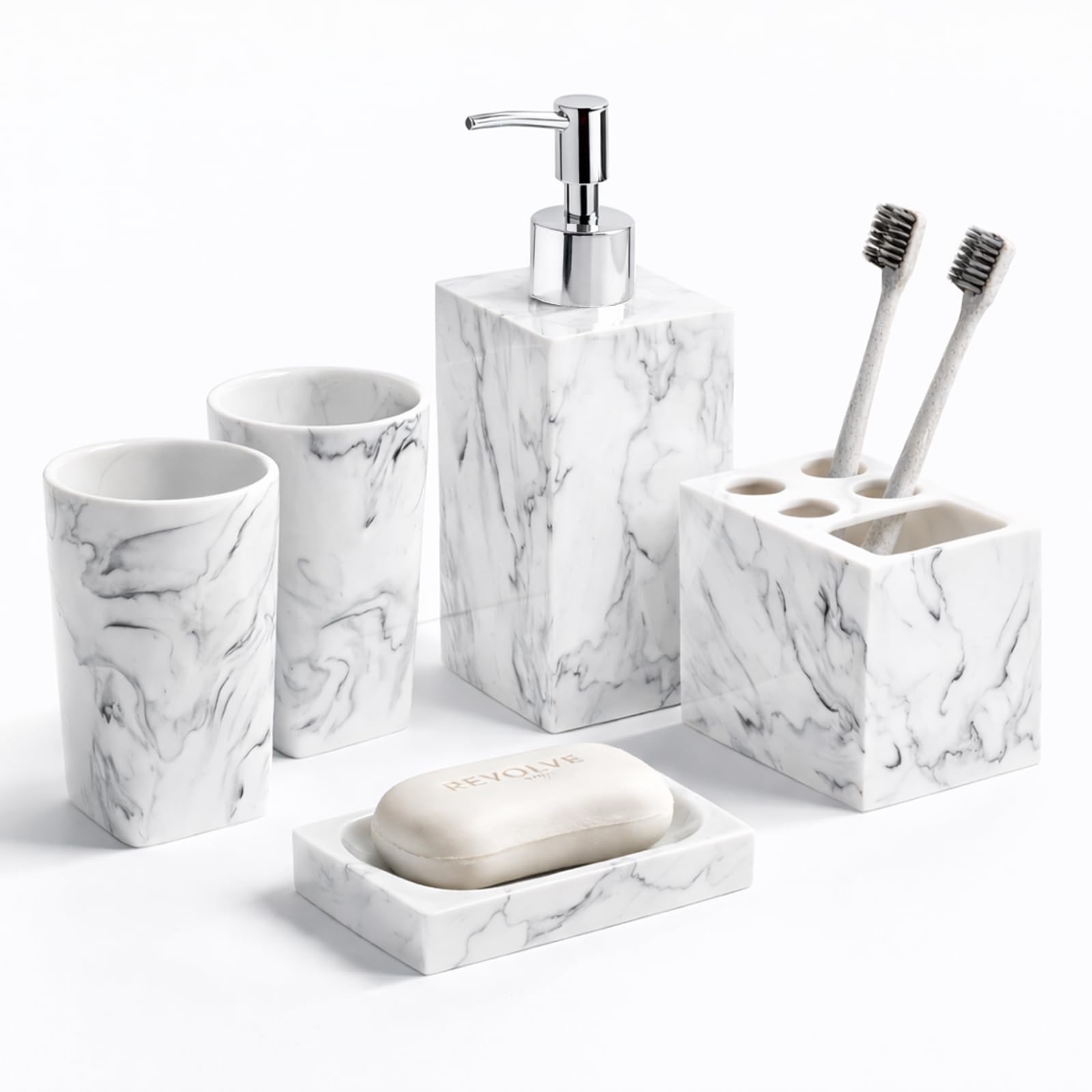 Juego de 5 accesorios para encimera de baño, dispensador para jabón líquido o loción, jabonera, soporte para cepillo de dientes y 2 vasos, resina con patrón de mármol (tinta blanca)