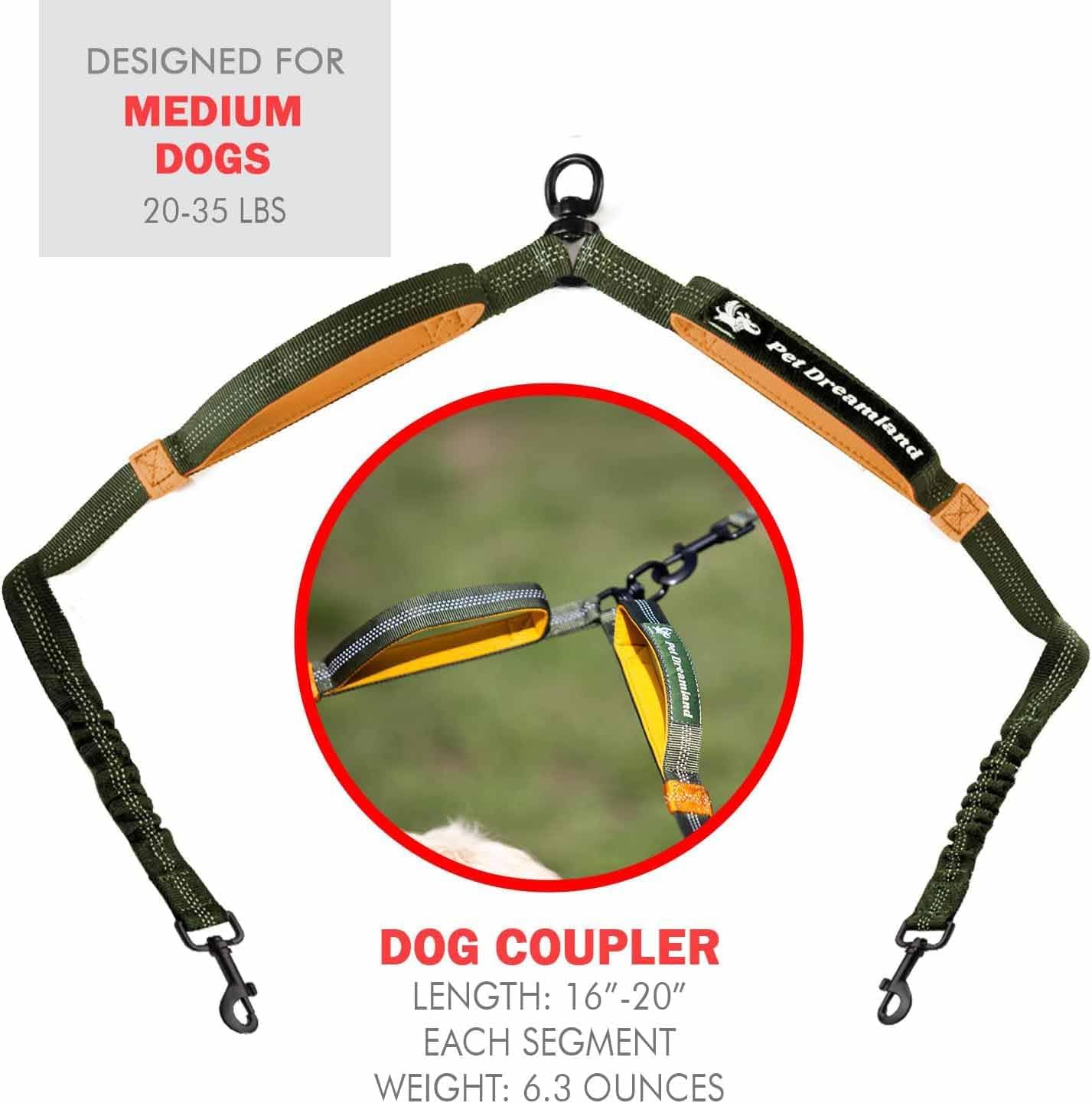 Bundle of Exquisite Hands Free Dog Leash for Medium Dogs (Long - Khaki & Orange) + Dog Coupler 360 Leash Splitter for Medium Dogs (Orange) + Collar (Small)