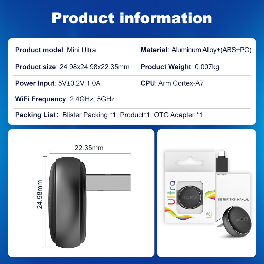 Carlinkit bezprzewodowy adapter CarPlay i Android Auto - Mini Ultra 3 Konwerter OEM przewodowego na bezprzewodowy Dongle dla iPhone i Android 11+, złącze USB-A/Type-C Plug & Play, szybkie połączenie