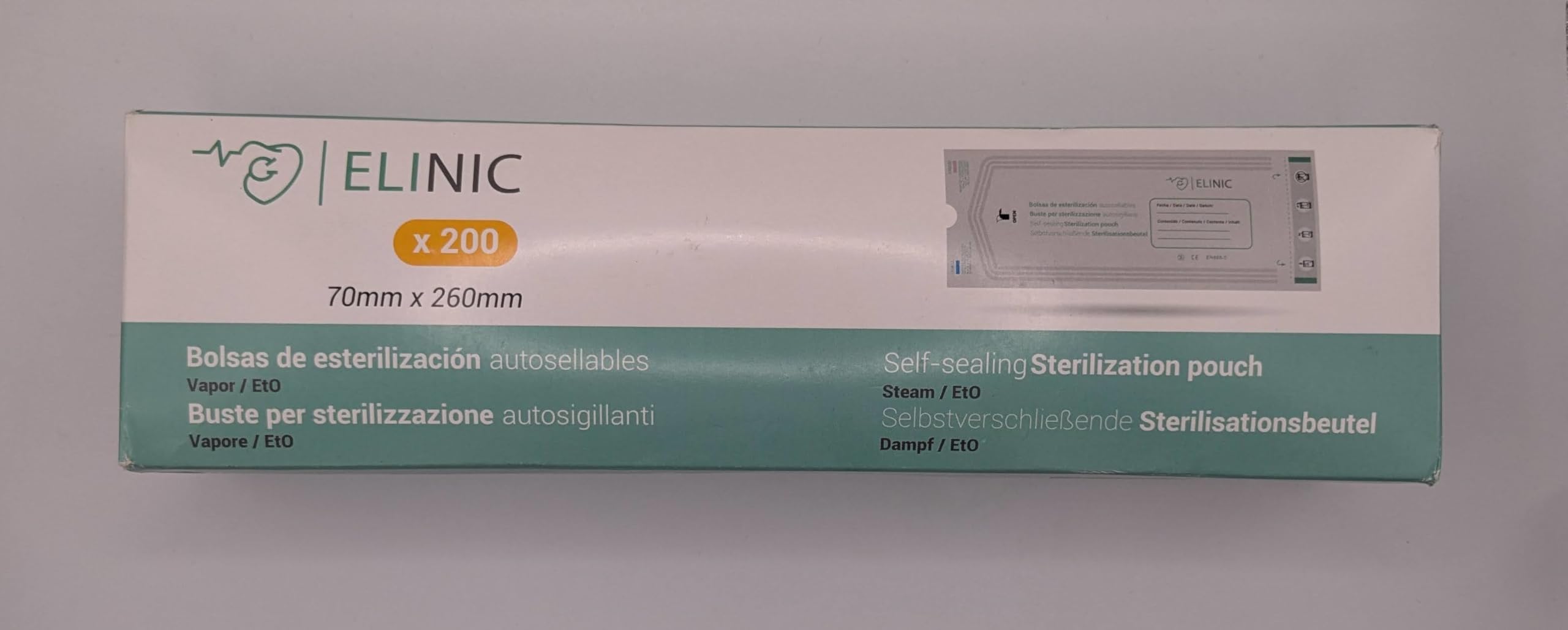 Sacchetti autoadesivi per sterilizzazione a vapore e EtO 200 pezzi (70 x 260 mm)