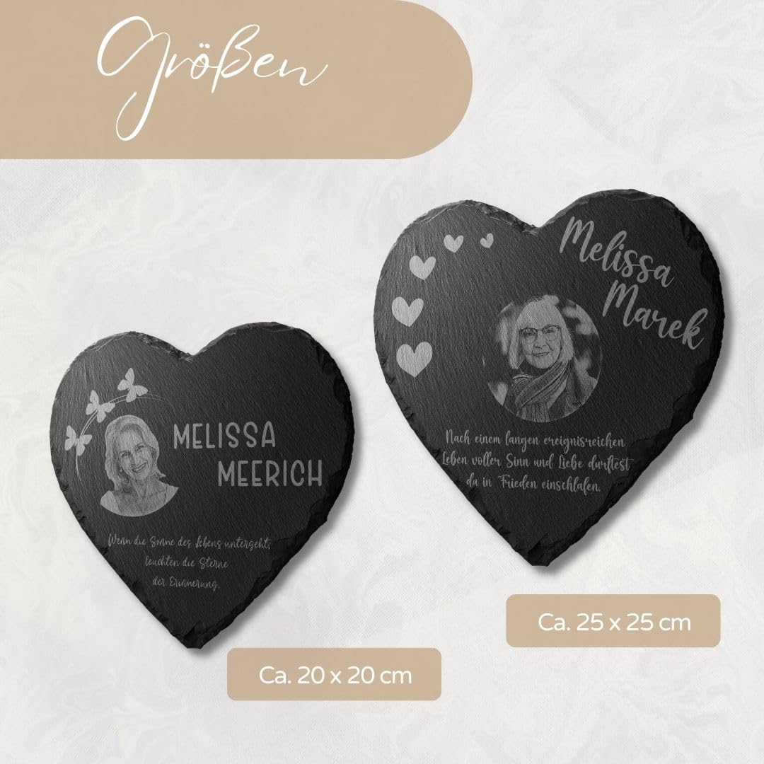 Grabplatte Grabstein Herz aus Schiefer mit Bild Gravur für Menschen bis 25x25 cm - Großer Gedenkstein mit Foto & vielen Motiven - Gravierte Gedenktafel als Grabschmuck Grabdeko personalisiert