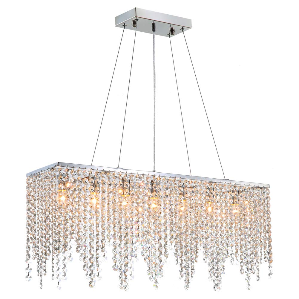 Photo 1 of 7PM Rectangle Crystal Chandelier Modern Chrome Chandeliers Contemporary Raindrop Hanging Lighting Fixture for Dining Room Kitchen Island 31.5 Inch L31.5''
