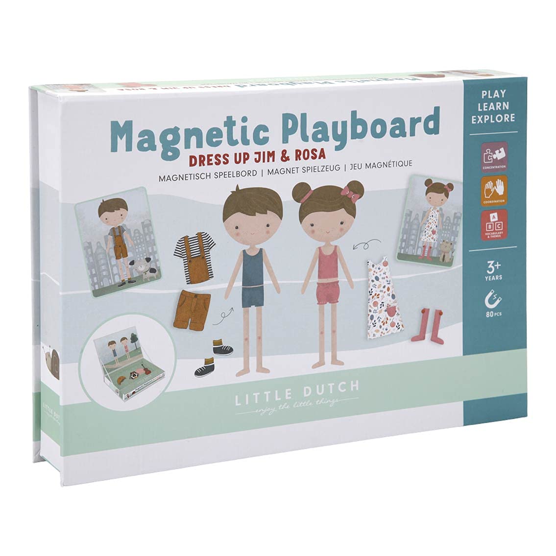 Little Dutch Magnetic Play Box - Jim & Pink - 80 Magnets and 12 Cards for Creative On-the-Go Play (Ages 3+)