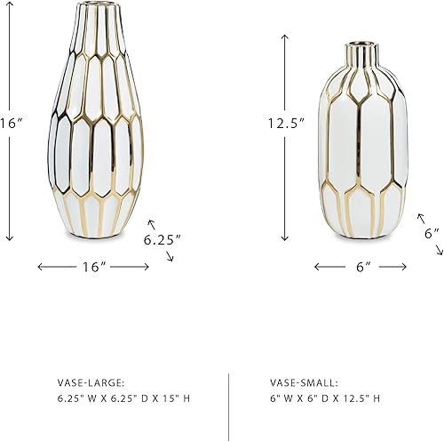 Miniatura 4 de Signature Design by Ashley Mohsen - Juego de 2 jarrones de cerámica con cuello de botella de panal de abeja, color blanco y dorado