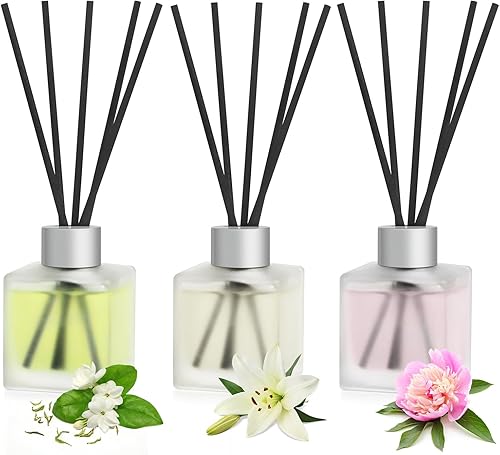 Miniatura 11 de Juego de 3 difusores de junco, aceite perfumado Gardenia/Lavender/Rosa, aceites esenciales de aroma de flores con varillas difusoras, ambientador