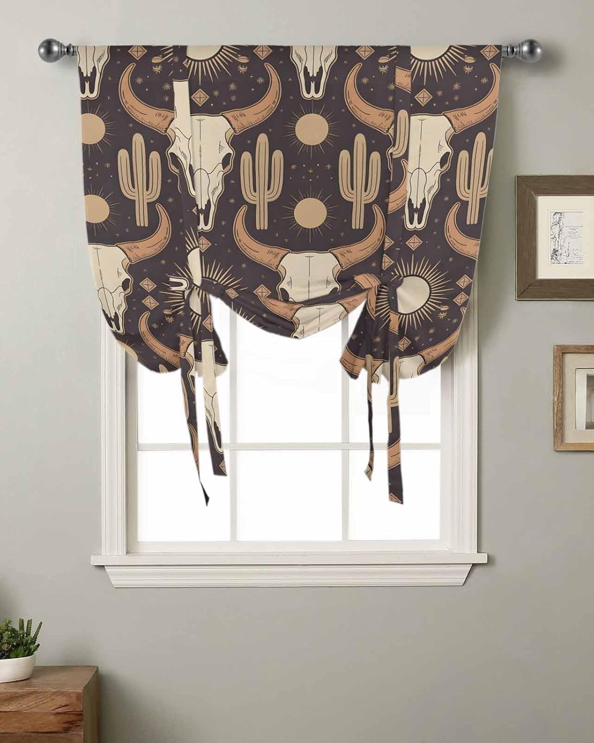 Tie Up Curtains for Windows, Cow Head Cactus Kitchen Curtain Adjustable Balloon Window Shades, Farmhouse Vintage Western Cowboy Valance Curtains for Living Room/Bedroom/Cafe 46"x63"