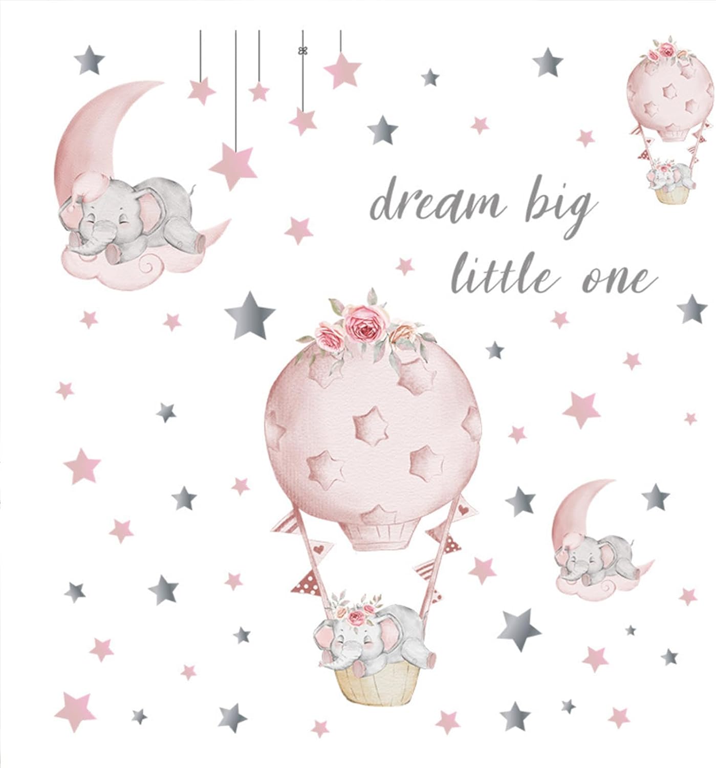 Dream Big Little One Elephant Wall Stickers Pink Moon Hot Air Balloon Grey Stars Wall Decals Nursery Kids Room Bedroom Decorations Home Decor