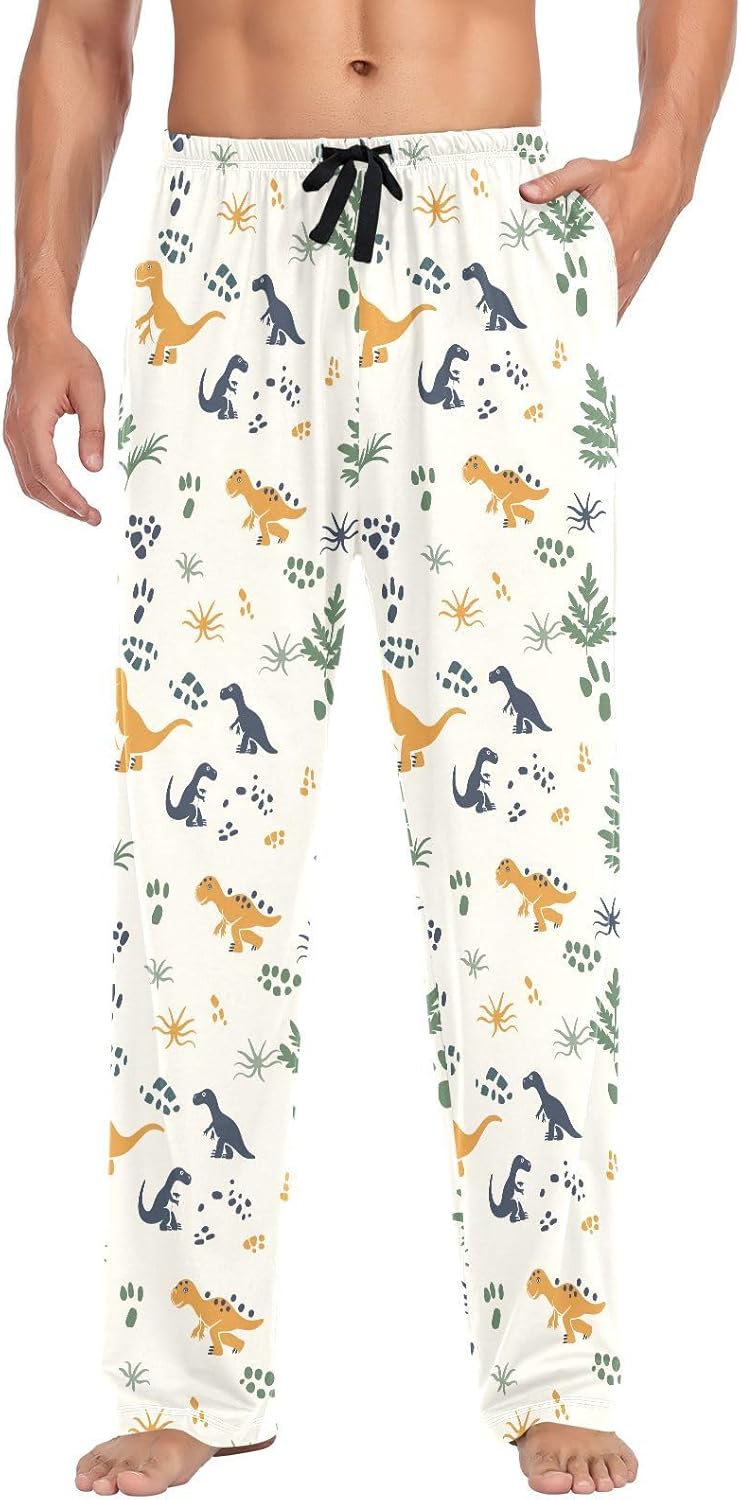 ALAZA Dinosaur Dino Footprint Men's Pajama Pants Men Cotton Pajama Bottoms with Pockets, S