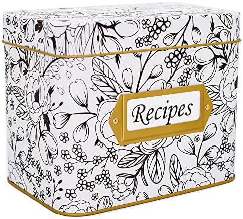 Tin Recipe Box w/ Lid - Kitchen Recipe Holder w/ 12 Recipe Box Dividers - 50 4x6 Index Recipe Card Box - Decorative Recipe Box with Cards and Dividers - Recipe Cards 4x6 - Recipe Cards and Box Set