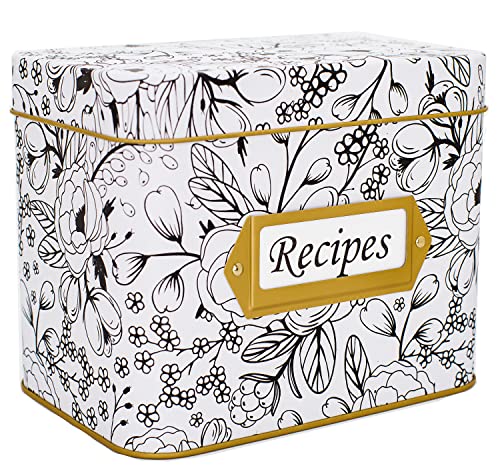Tin Recipe Box W/ Lid - Kitchen Recipe Holder W/ 12 Recipe Box Dividers - 50 4X6 Index Recipe Card Box - Decorative Recipe Box With Cards And Dividers - Recipe Cards 4X6 - Recipe Cards And Box Set #TOP24