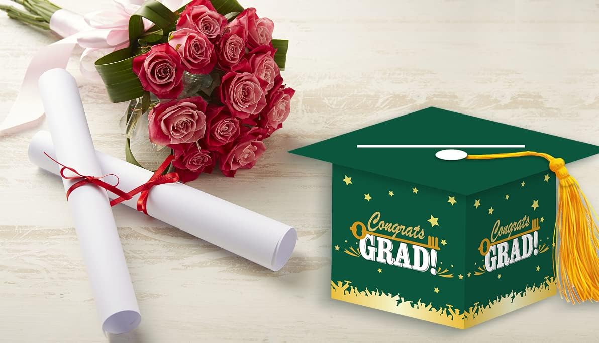 2026 Graduation Card Box Holder Green Congrats Grad Words Graduation Boxes for Graduation Party Decoration Graduation Cap Tassel Cardholder Box for Graduation Ceremony Party Favors Decor Supplies