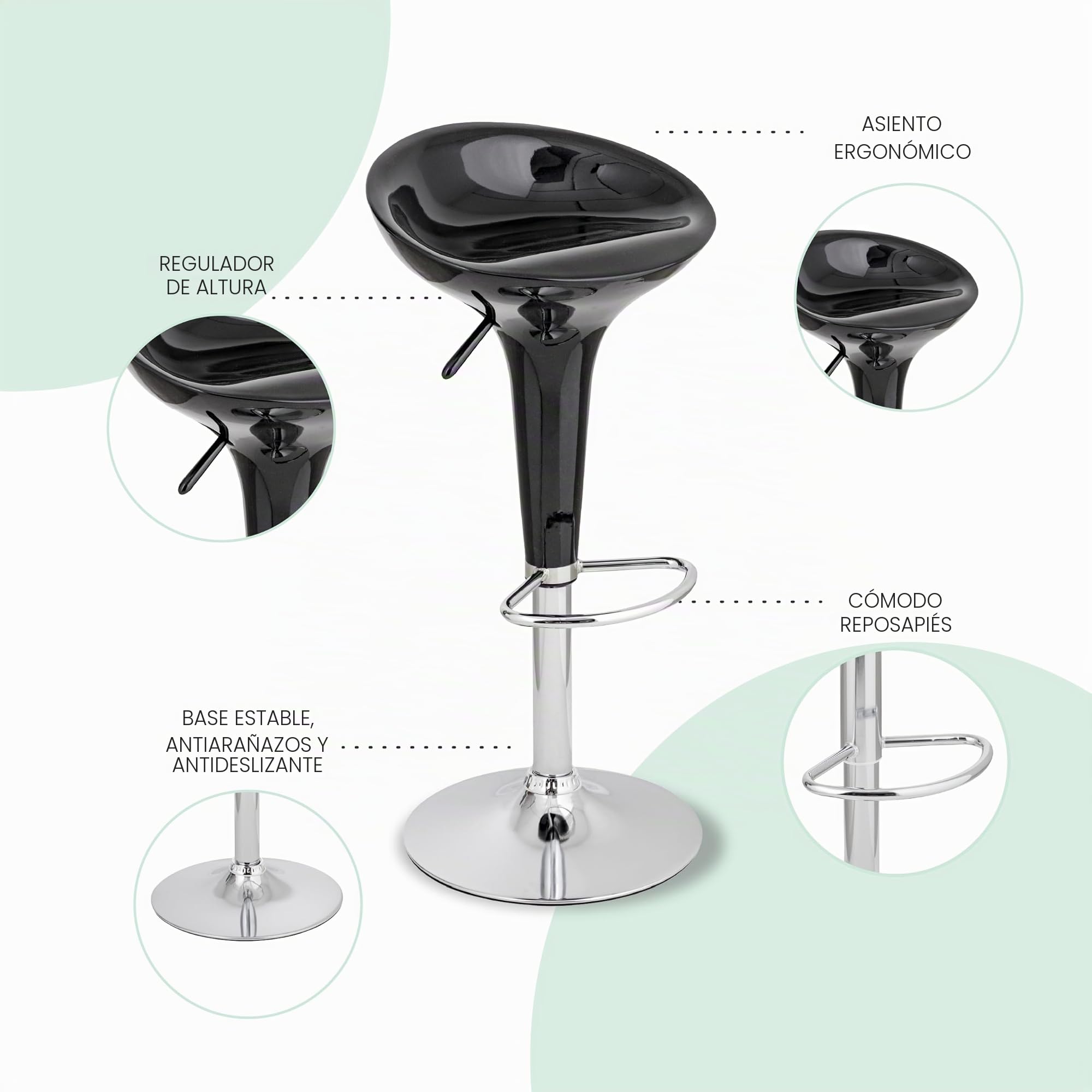Baroni Home Taburete de Bar Giratorio con Altura Ajustable, Asiento de Plástico, Base Cromada con Reposapiés y Fondo Antiarañazos, Taburete de Cocina y Península, 40x 45x59-79 cm, Negro 1 Pieza
