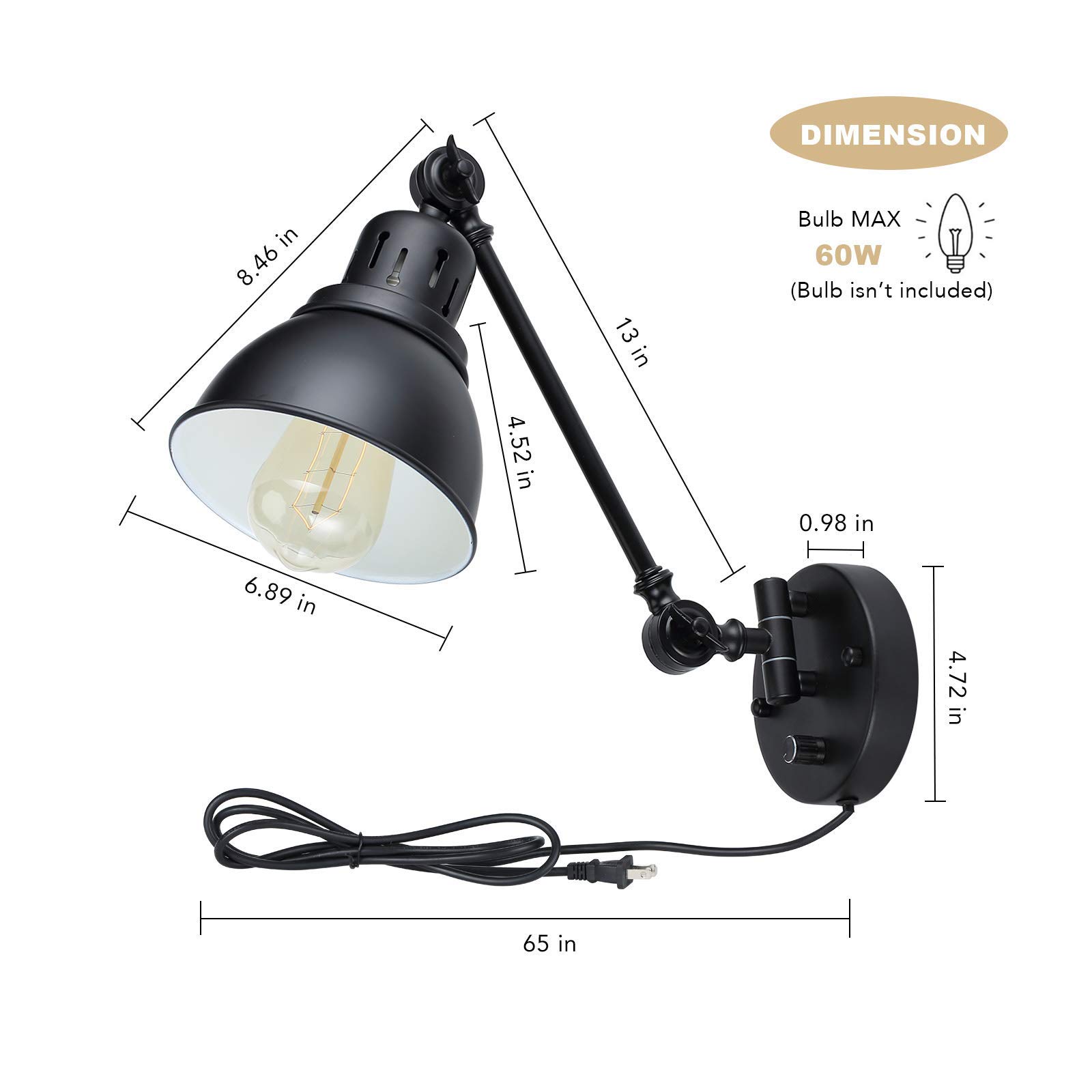 Buyagn Plug in Wall Sconces Set of 2, Dimmable Swing Arm Wall Lights with On/Off Switch Wall Mounted Wall Sconce Lighting for Home Decor Headboard Bathroom Bedroom, Black