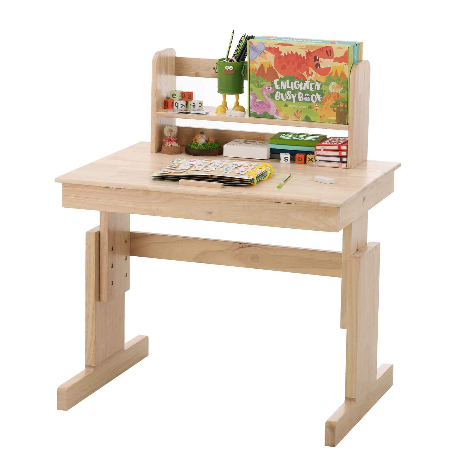 MURUL Mesa infantil multifunción de madera maciza regulable en altura, plegable, sujetalibros, certificado de seguridad, para niños a partir de 6 años