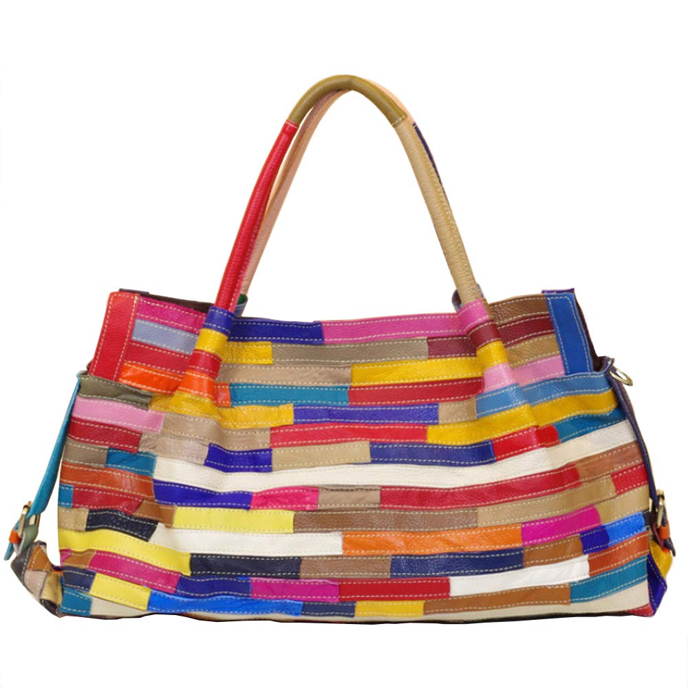 Womens Multicolor Boston Bag Genuine Leather Colorful Large Tote Handbag Purse