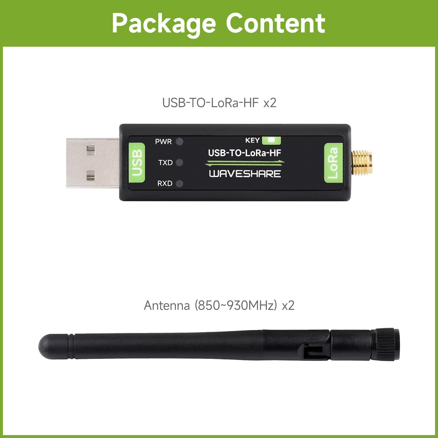 Waveshare USB-TO-LoRa-HF(2PCS), TCXO Crystal Oscillator, USB To LoRa Data Transfer Module, Based On SX1262, Suitable For Data Acquisition In Industry And Agriculture