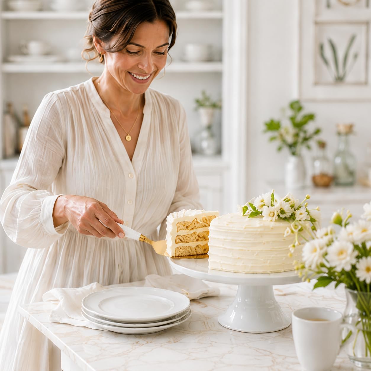 Portmeirion Sophie Conran Gold Cake Server| 10 Inch Wedding Cake Cutter for Cakes, Pies, and Desserts | Made of Fine Porcelain and Stainless Steel | Handwash Only