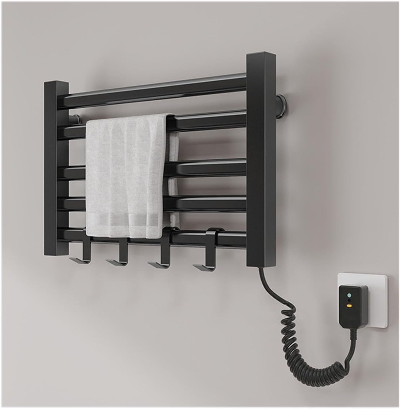 Small Heated Drying Rack 5 Bars,Wall Mounted Heated Towel Racks for Bathroom Energy-Saving,Aluminum Alloy Plug-in,Black,Plug in Right