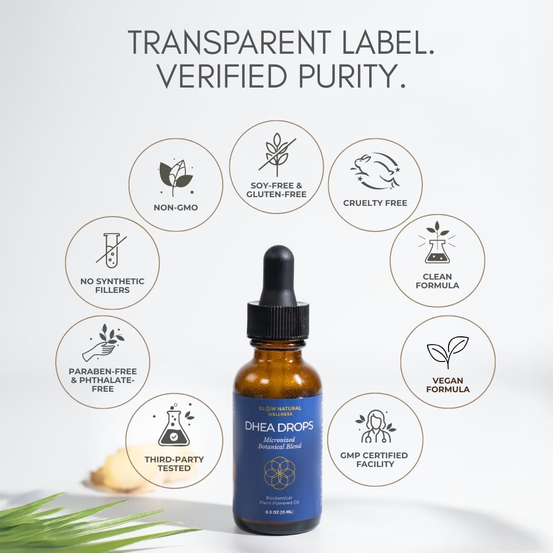 Glow Natural Wellness DHEA Drops, Plant Based Topical Oil for Women with Maca, Saw Palmetto & Ginger in MCT & Vitamin E Base – 0.5 oz (15ml)