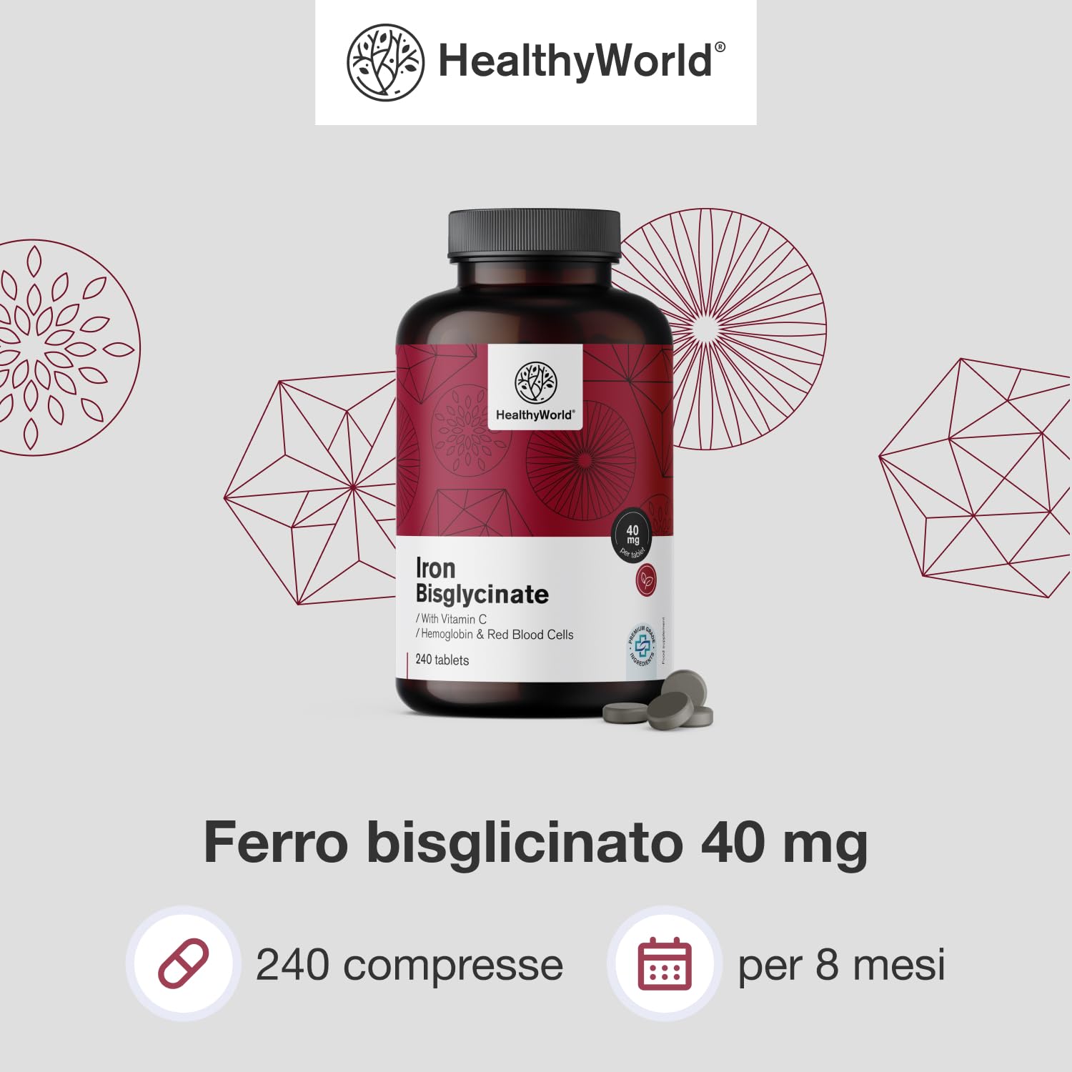 HealthyWorld® Ferro Bisglicinato 40 mg - Con Vitamina C - 240 Compresse - Fornitura per 8 mesi - Senza OGM e senza Coloranti Artificiali - 40 mg di Ferro, 40 mg di Vitamina C - La Massima Qualità