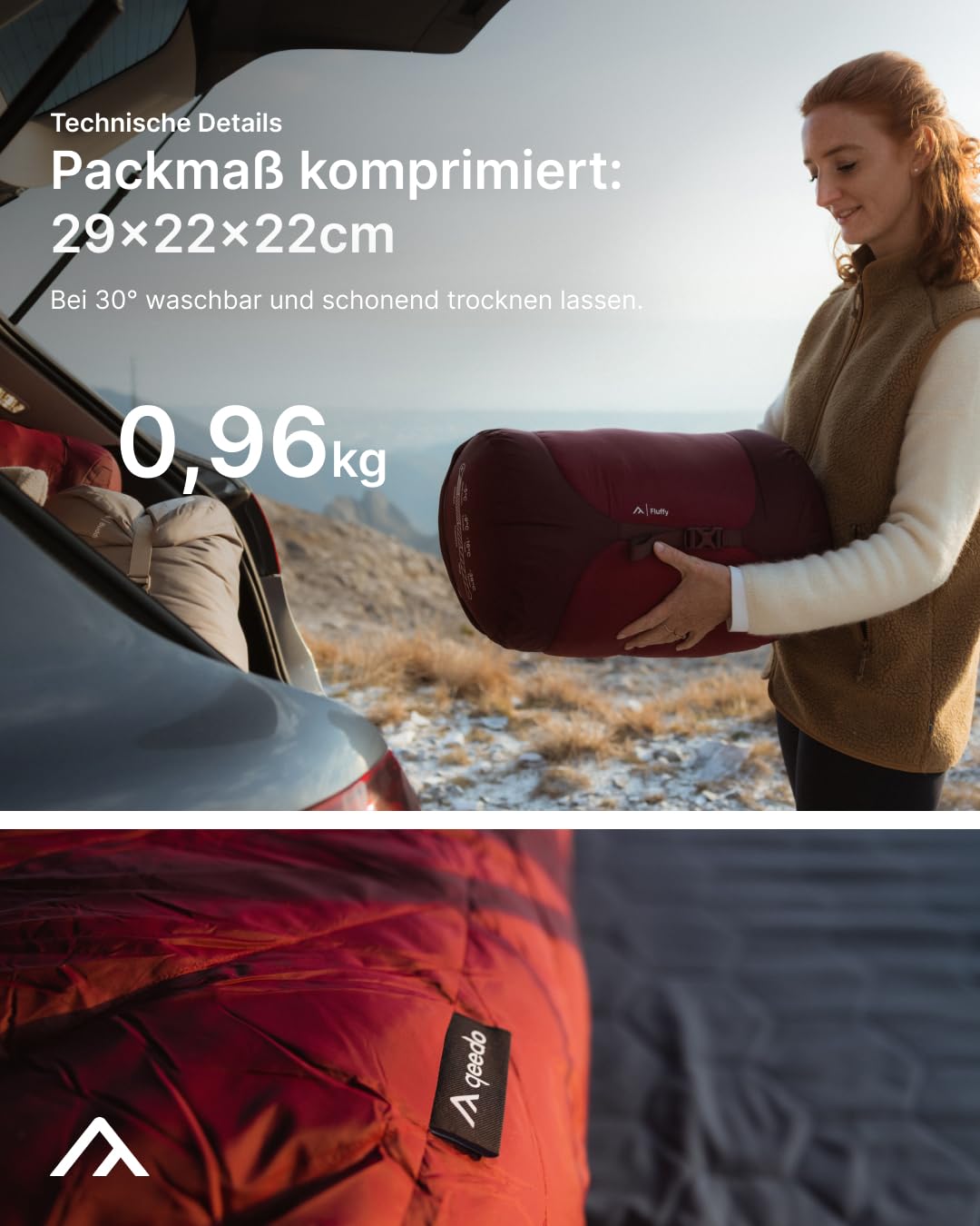 qeedo Daunenschlafsack Sommer – Ultraleicht & kompakt, Komfort 14 °C, in 2 Größen, RDS Daune, wasserabweisend, Camping & Trekking