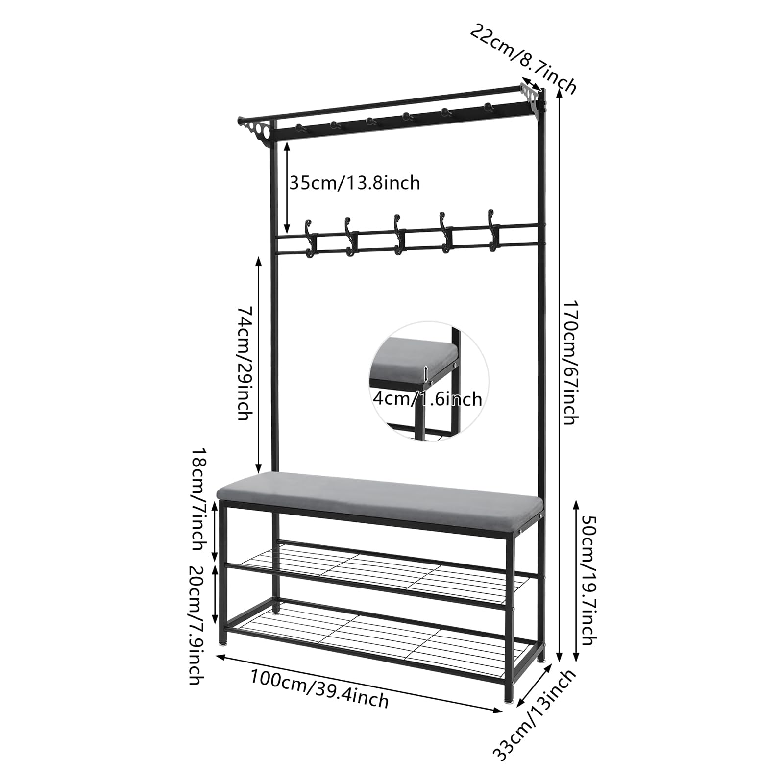 Perchero con zapatero, perchero de metal con 11 ganchos y zapatero, espacio de almacenamiento bajo el asiento, estantería para pasillo, salón, oficina, dormitorio, altura 170 cm