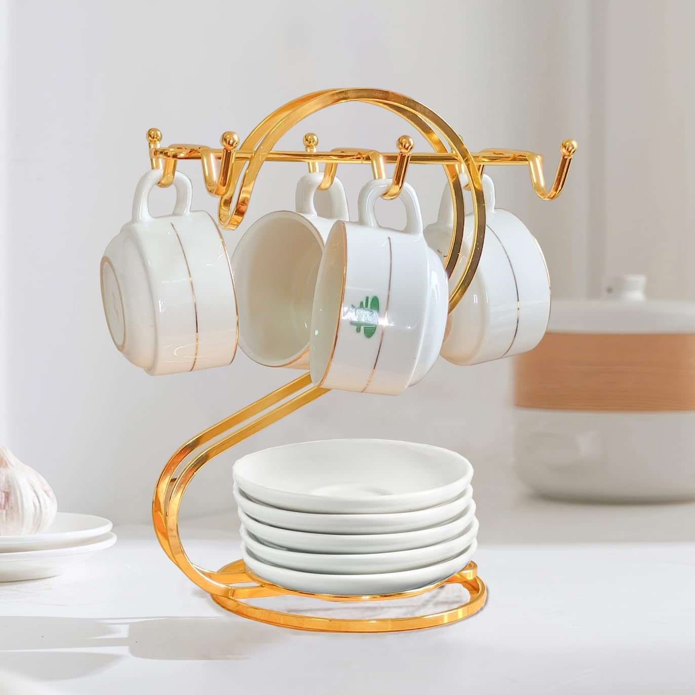 Coffee Mug Holder Metal,Mug TeaCups Holders Countertop,Coffee Mug Tea Cup Stand Storage Rack Tabletop Counter 6 Hooks(Gold)