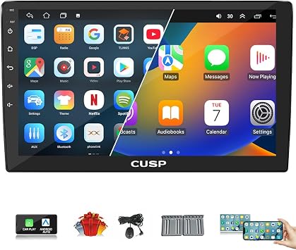 CUSP 9 Inch Android Double Din Car Stereo for Car Radio Upgrade, Universal Touch Screen Head Unit with Wireless CarPlay Android Auto, GPS WiFi Bluetooth FM, Mirror Link SWC, Backup Camera, 2GB+32GB
