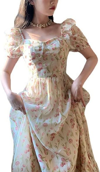 Taopagii Womens Risotto Dress, Spring & Summer, Flare Sleeves, Tulip Pattern, Maxi Length, Chiffon, Slimming, A-Line, Adults, Retro, Classic, Elegant, Dating, Outing, Everyday, Resort, Graduation Ceremony