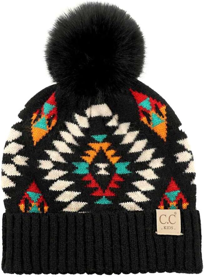 C.C Kids' Suede Patch Snuggly Soft Warm Knit Pom Cuff Beanie