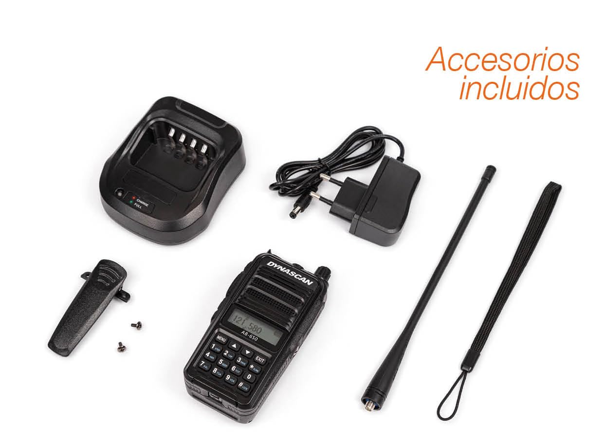 Dynascan AB-650 Talkie-Walkie Bande Aérienne VHF (118-136.975 MHz) – Émetteur-Récepteur AM pour Aviation, Personnel au Sol et Pilotes de Drones – 5W, Batterie 2600mAh, Certifié ETSI en 300 676-2