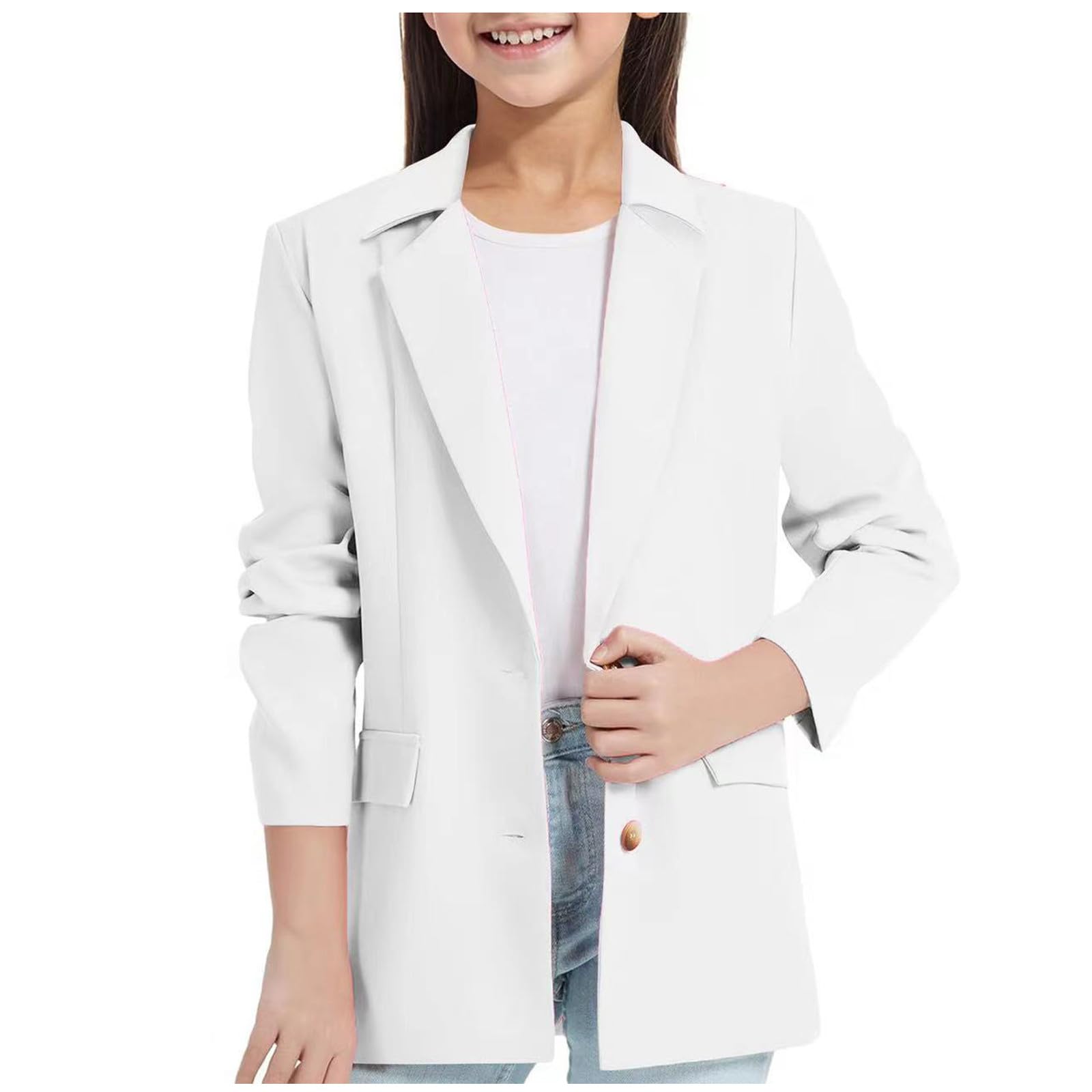Chaqueta de chal, chaqueta de manga larga con solapa para niñas, chaqueta de traje formal para reuniones formales, presentaciones escolares, #02 Blanco, 150