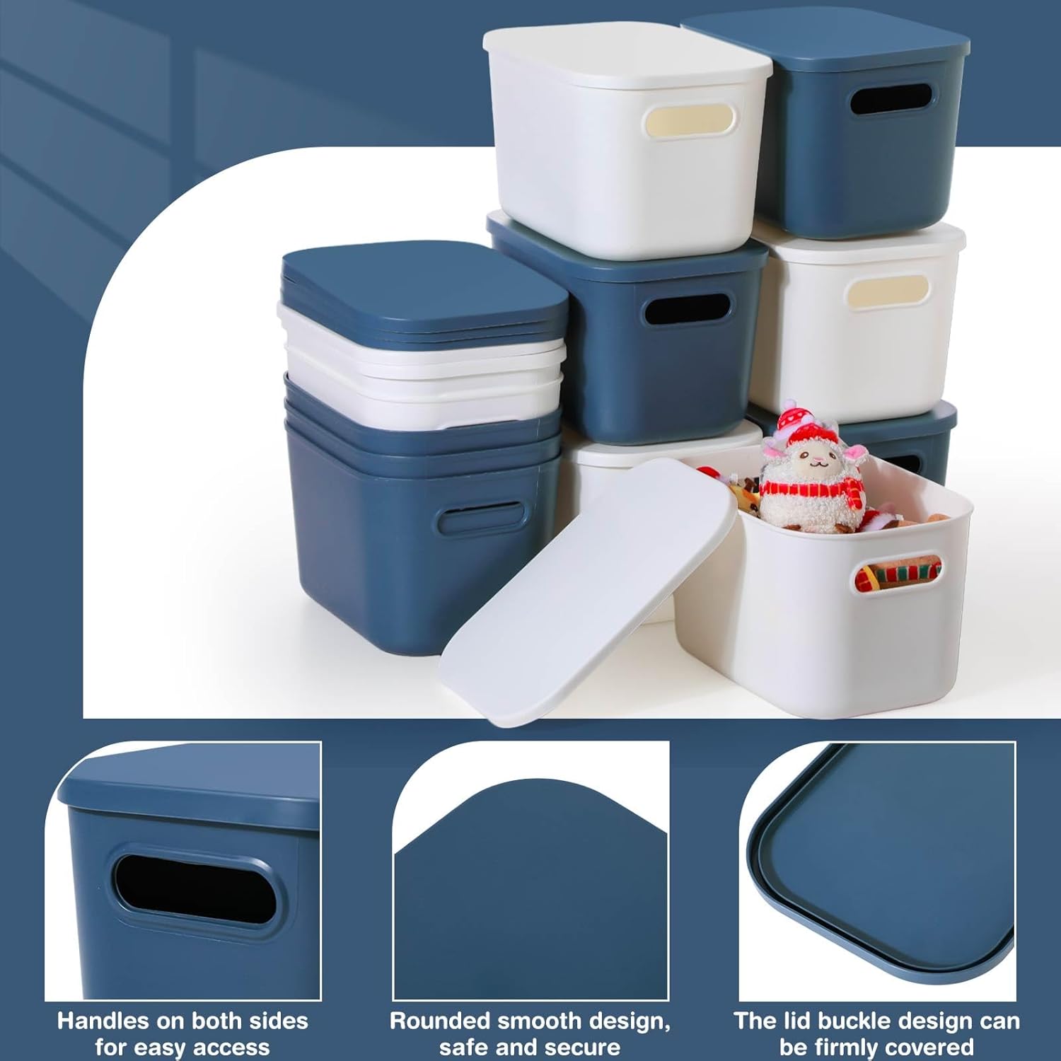 Thyle 12 Pack 7 Quarts Plastic Storage Bins for Storage with Lids Handles Colorful Stackable Desktop Box Bins with Label for Shelf Drawer,10 x 7 x 6 Inch (Blue,White)