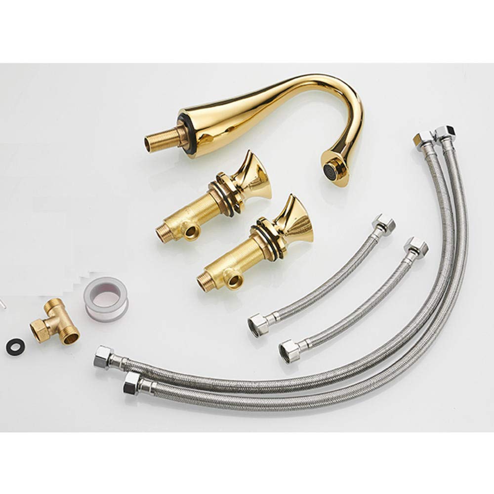 Grifo Lavabo 3 Orificios Oro Latón Doble Manija Frío y Calor Interruptor Independiente Grifos Lavabos