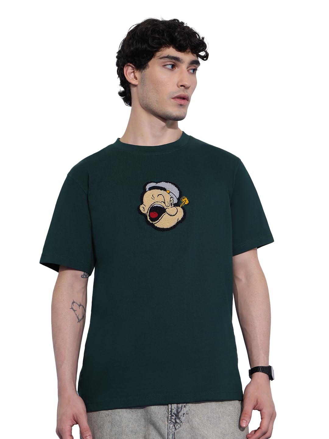 the souled store Popeye: Sailorman Men and Boys Short Sleeves Round Neck Green Embroidered Cotton Relaxed Fit T-Shirts-picture-27