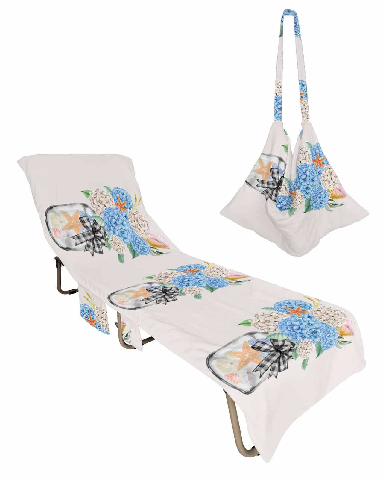 Floral Bottle Beach Chair Towel Covers for Chaise Lounge with Side Pocket, Soft Plush Pool Towels Cover for Patio Sunbathing Outdoor 29''x85'' Blue Grey Coastal Starfish Eucalyptus Plaid Farmhouse