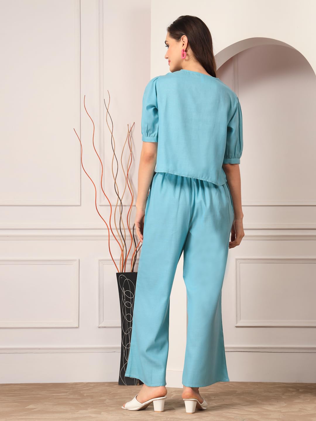 Stylum Women's Solid Cotton Blend Co-Ord Set (Csaquabeach34_Aqua, Xs)