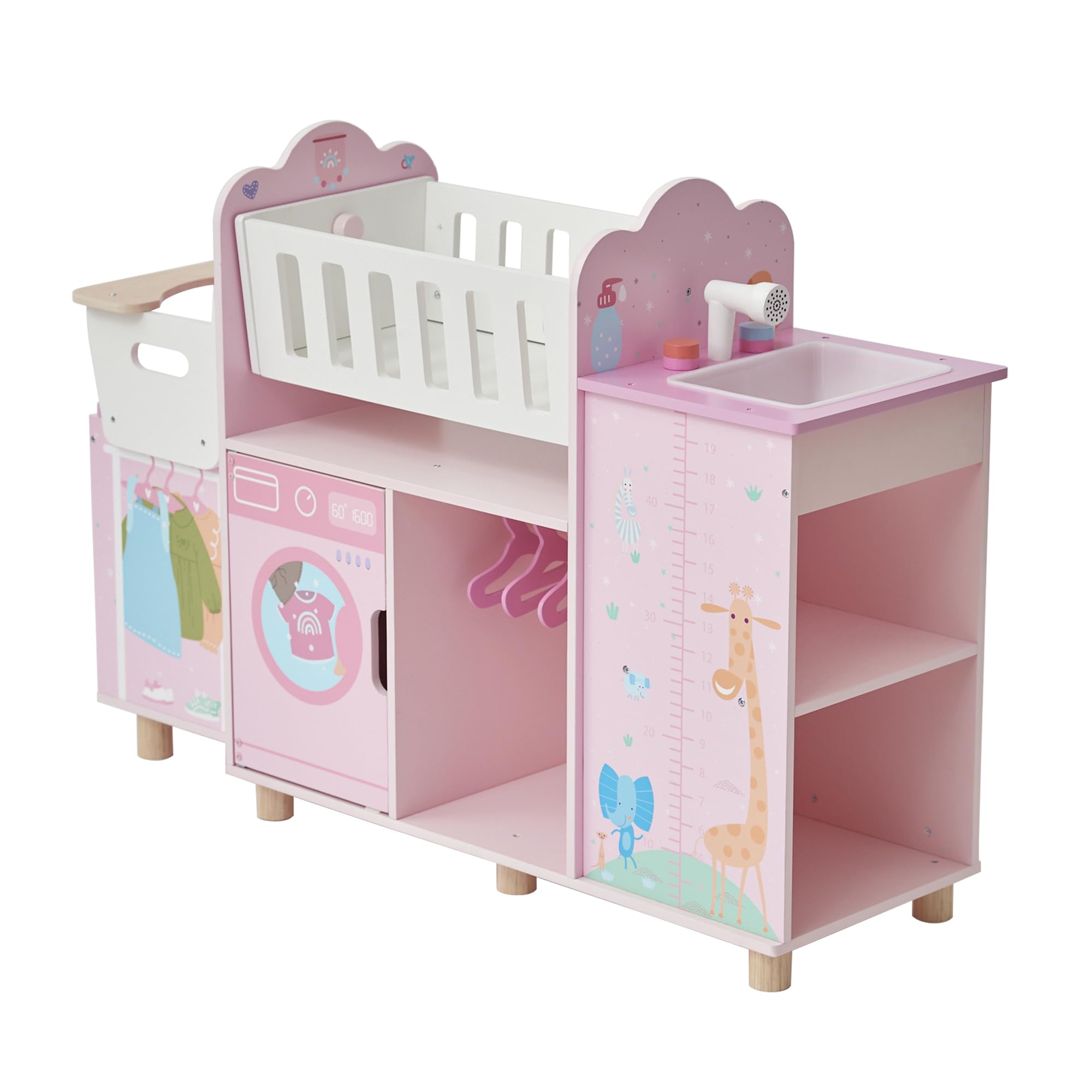 Olivia's Little World 6-in-1 Wooden Baby Doll Nursery Set – Crib, High Chair, Changing Table, Doll Furniture for 16” Dolls – Baby Doll Accessories Playset for Girls Ages 3+, Pink