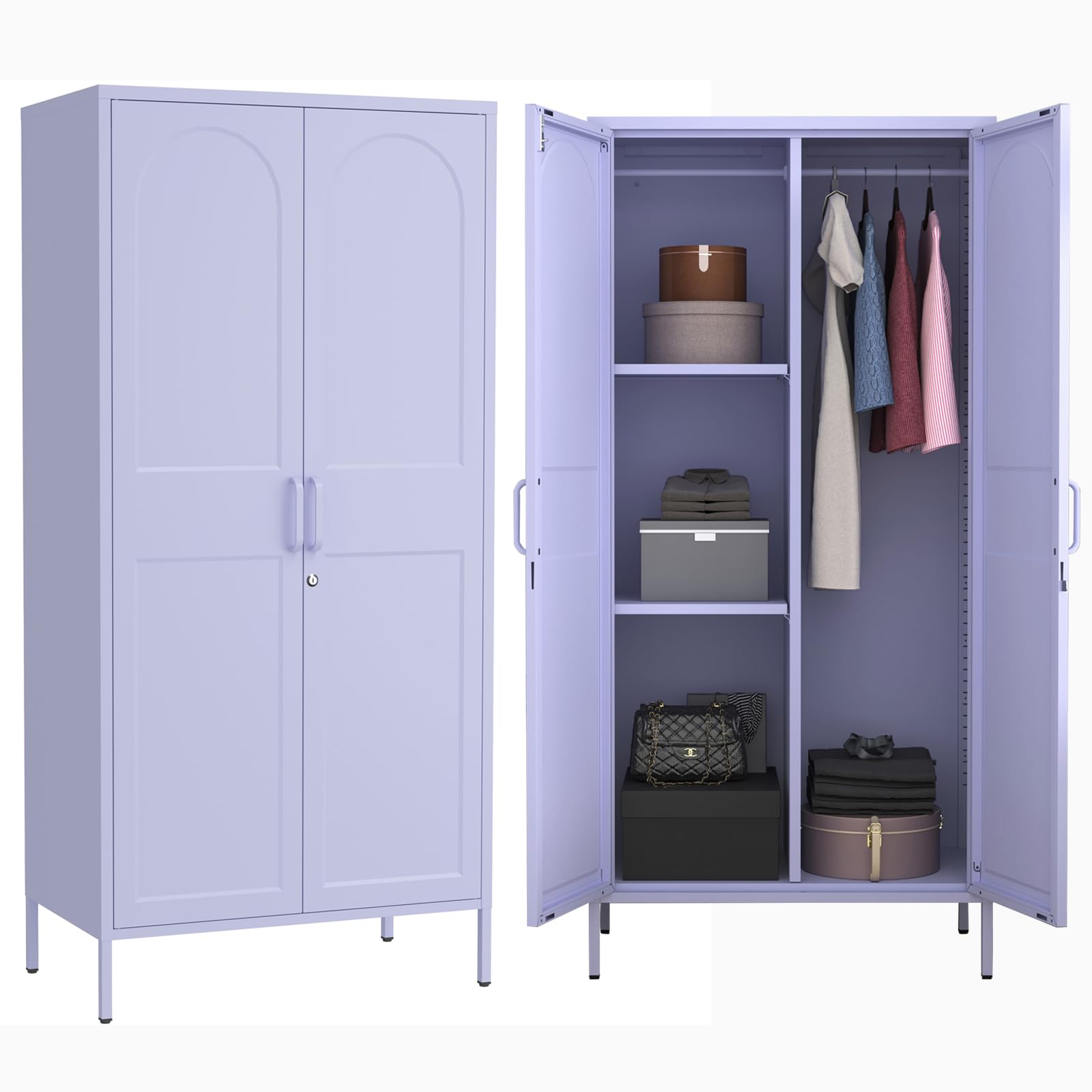 Metal Wardrobe with Lock 67"Clothing Steel Storage Cabinet Locker Hanging Rod And Adjustable Shelves 2 Doors Household kids wardrobe closet Lockers