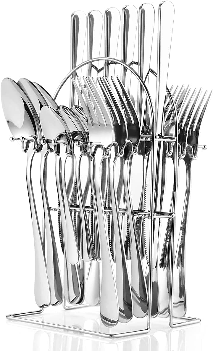 Arabest Silverware Set,Tableware,24 Piece Flatware Set With Stand,Stainless Steel Kitchen Utensils Set for 6,Mirror Polished Cutlery Set,Spoon and Fork Set Knife Silverware(Silver)