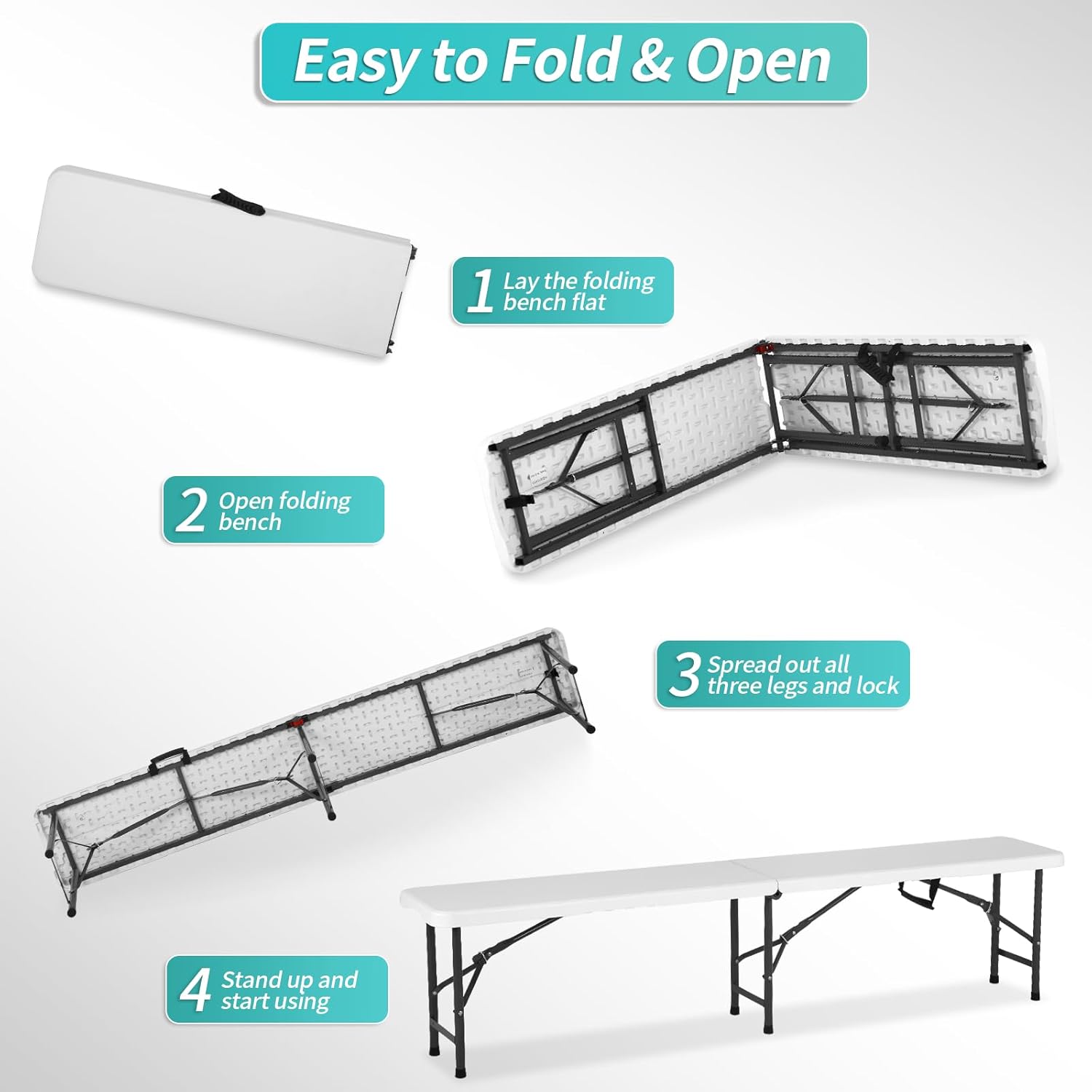 6 Feet Folding Bench Seat Plastic Portable with Metal Legs, Outdoor Rustic Practical Bench w/Handle & Lock, 3-4 People Sturdy Seat for Indoor/Outdoor Party Garden Camping Dining Picnic Use 2 Pack