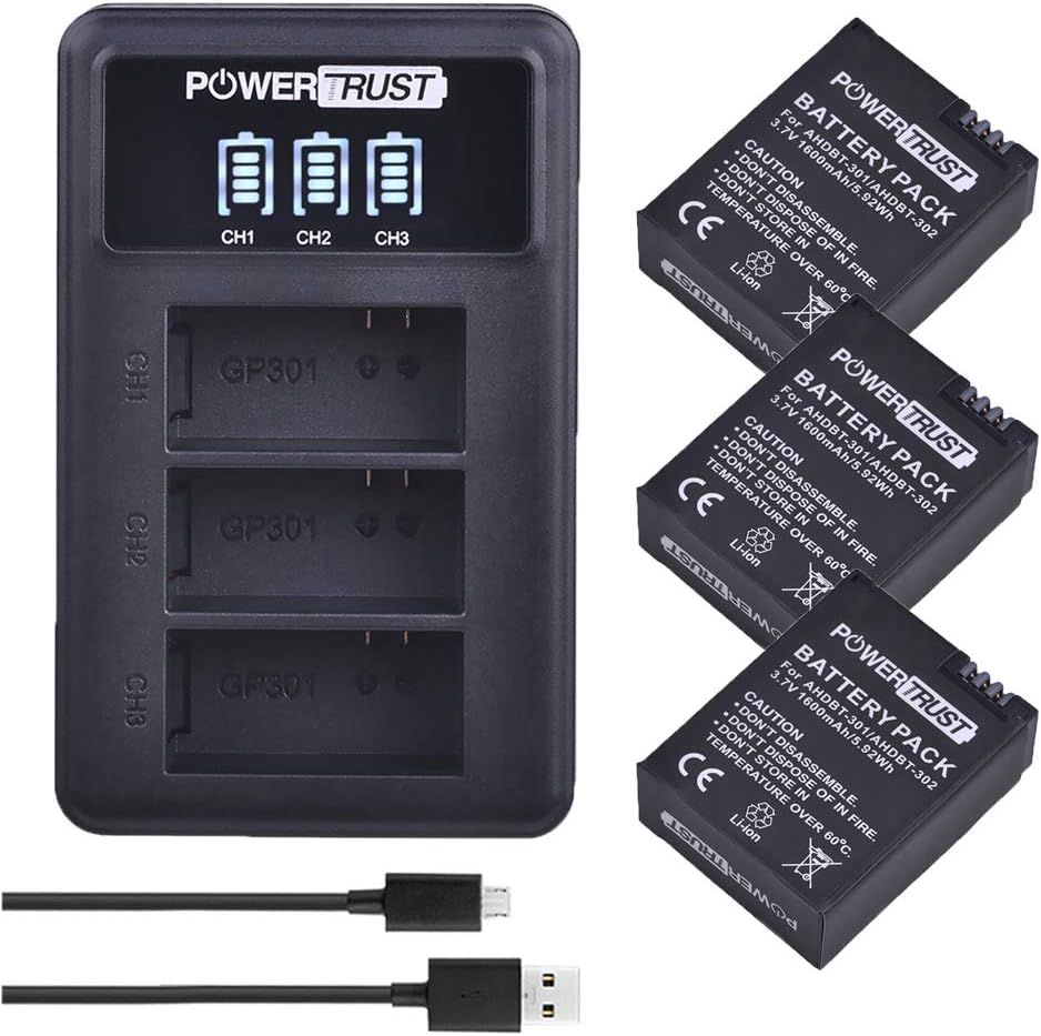 3Pack AHDBT-301 AHDBT-302 Replacement Battery for Gopro HD Hero 3+ Hero3 Action Camera + LED 3-Slots USB Battery Charger with USB Cable