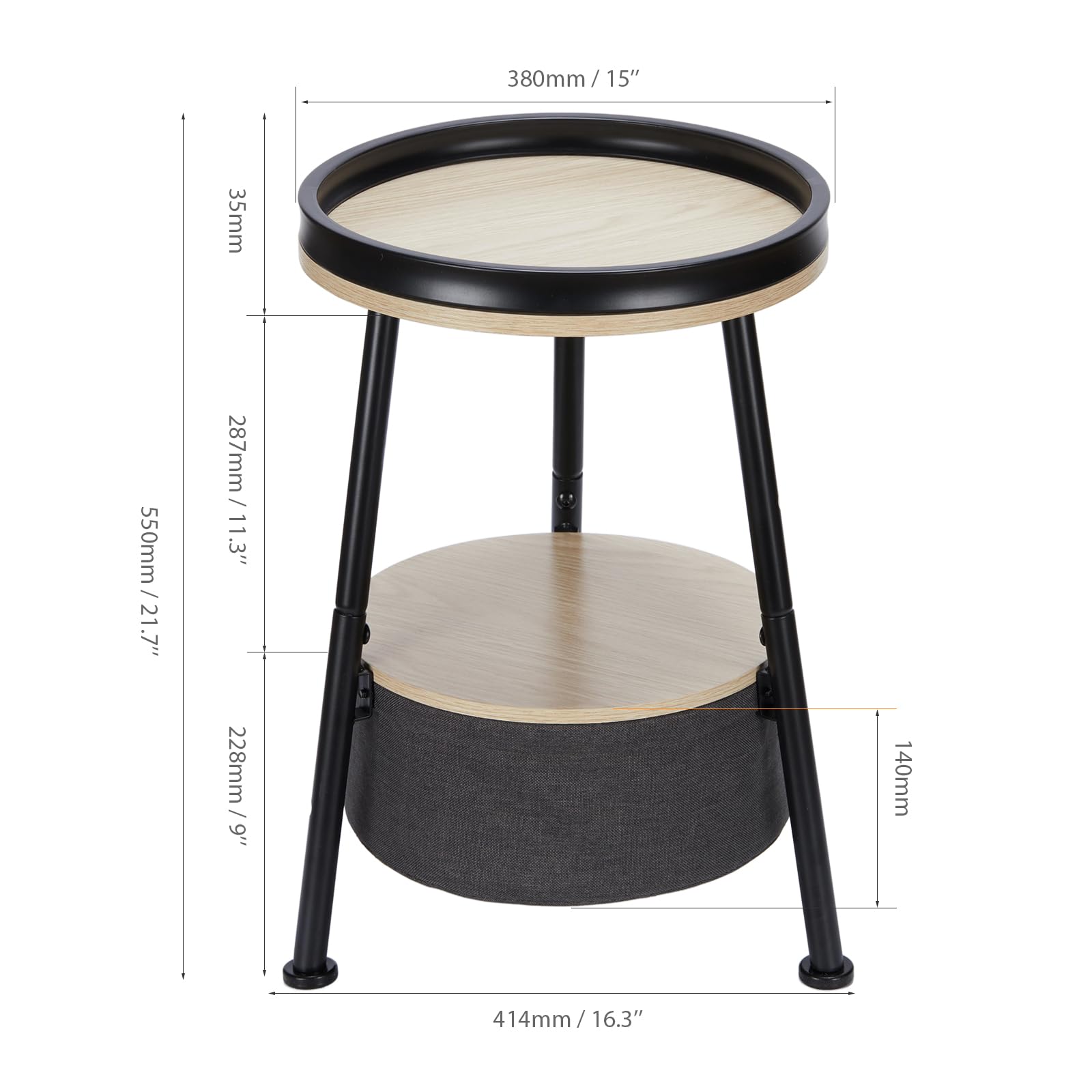 Mesa auxiliar redonda pequeña, mesa auxiliar redonda de 2 niveles con cesta de almacenamiento, mesa redonda pequeña de 11.8 pulgadas de profundidad x 17.8 pulgadas de alto, mesa auxiliar de 7
