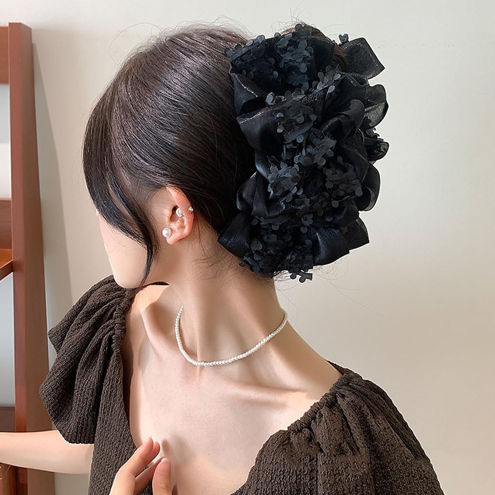 Elegant Chiffon Silk Hair Claw Clips, Large Bubble Design with Lace Detail, Black and Beige, French Barrette Style, 2 Pack - Image 4