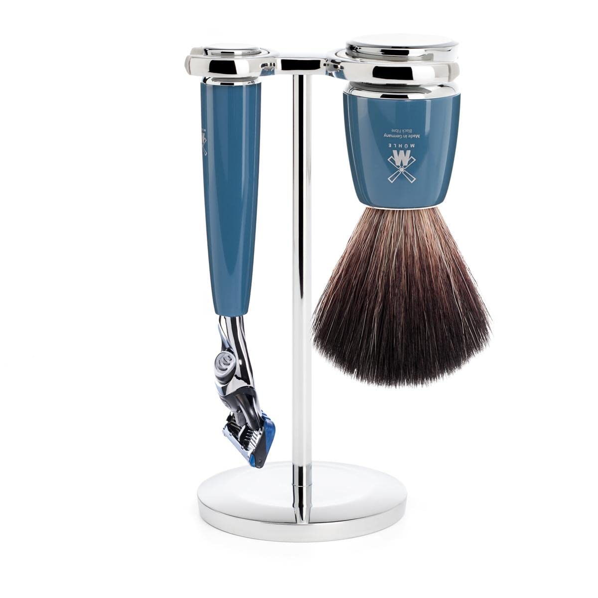 MÜHLE RYTMO - Juego de afeitar de 3 piezas de fibra negra de 5 cuchillas de afeitado moderno de lujo – perfecto para uso diario, peluquería de calidad, afeitado suave